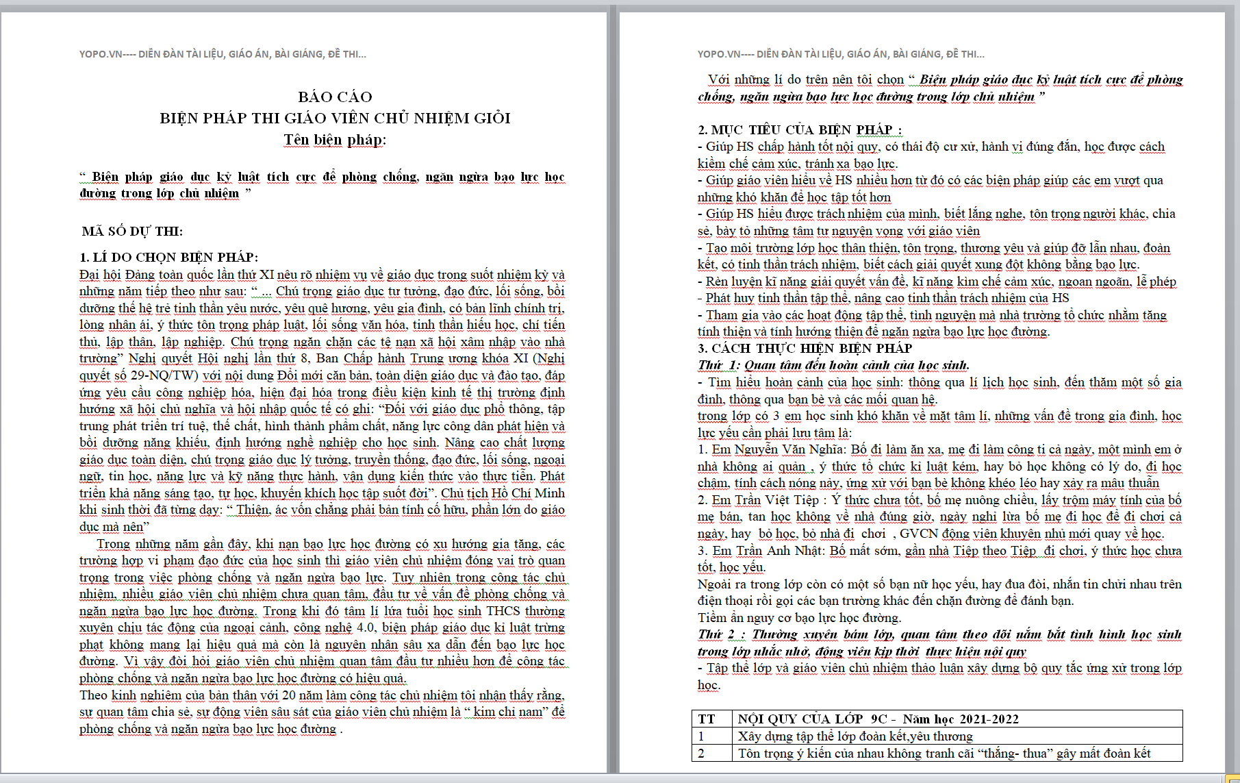 WORD “ Biện pháp giáo dục kỷ luật tích cực để phòng chống, ngăn ngừa bạo lực học đường trong lớp chủ nhiệm ” LỚP 9 NĂM 2022