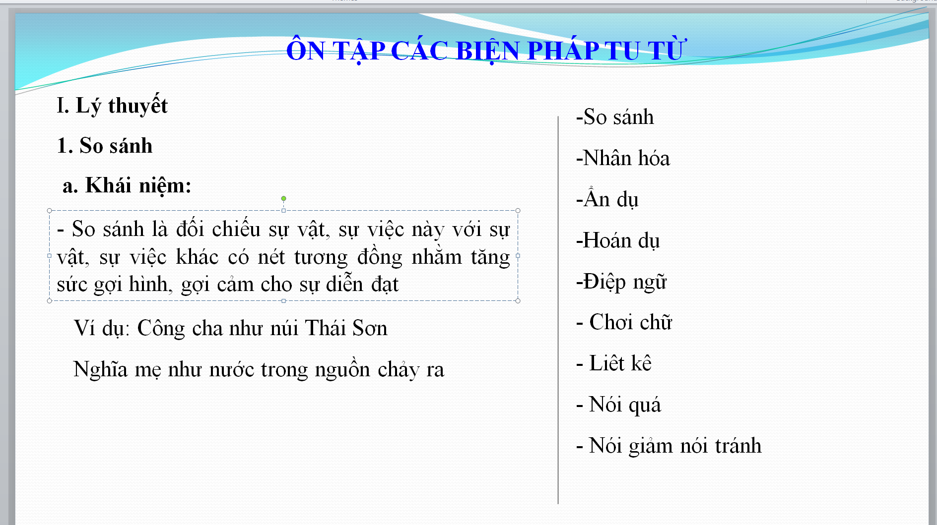 POWERPOINT ÔN TẬP CÁC BIỆN PHÁP TU TỪ NGỮ VĂN 6