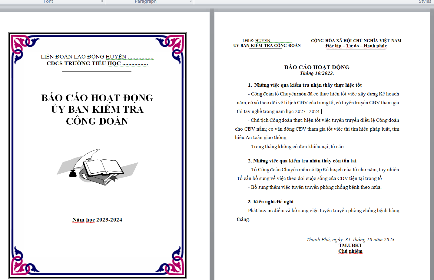 WORD BÁO CÁO + KẾ HOẠCH HOẠT ĐỘNG ỦY BAN KIỂM TRA CÔNG ĐOÀN CƠ SỞ TRƯỜNG TIỂU HỌC NĂM 2024