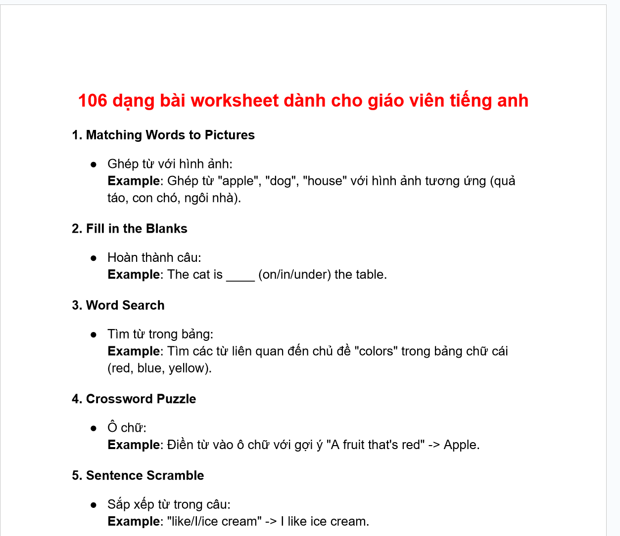 TÀI LIỆU 106 dạng bài worksheet dành cho giáo viên tiếng anh LINK DRIVE