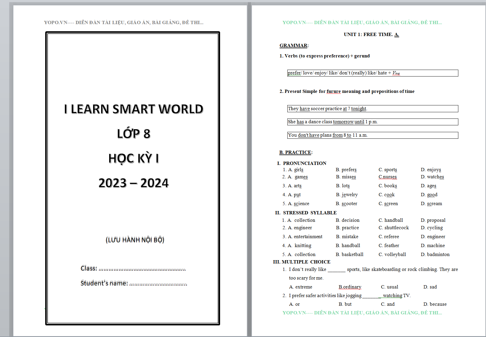 BỘ Bài tập bổ trợ tiếng anh 8 i learn smart world HỌC KÌ 1 CÓ KEY NĂM 2023-2024