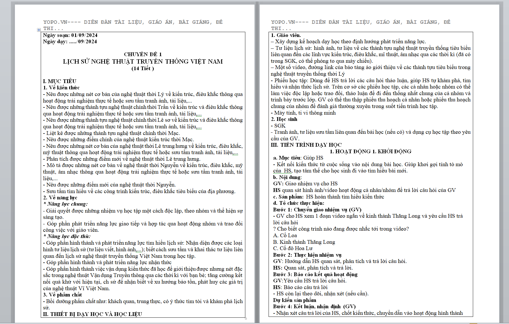 WORD GIÁO ÁN Chuyên đề Lịch Sử 11 Cánh diều : CHUYÊN ĐỀ 1 LỊCH SỬ NGHỆ THUẬT TRUYỀN THỐNG VIỆT NAM (14 Tiết )