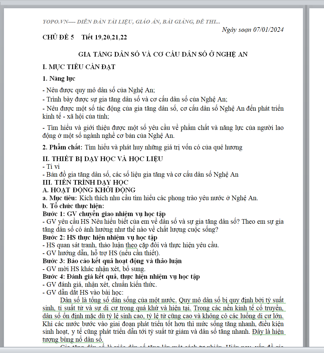 WORD Kế hoạch bài dạy môn GDĐP 8 TỈNH NGHỆ AN CHỦ ĐỀ 5 Tiết 19,20,21,22 GIA TĂNG DÂN SỐ VÀ CƠ CẤU DÂN SỐ Ở NGHỆ AN
