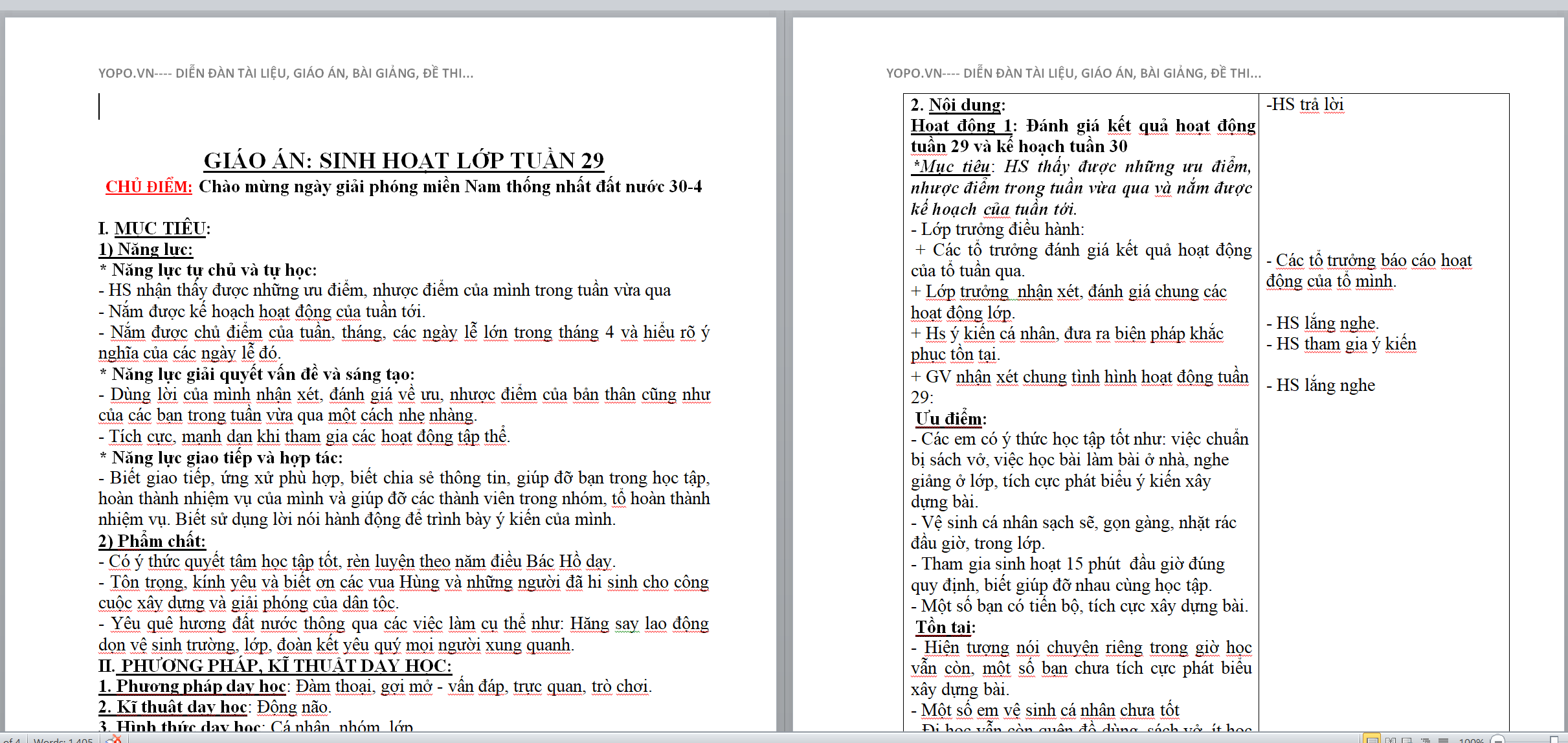 WORD GIÁO ÁN: SINH HOẠT LỚP TUẦN 29 CHỦ ĐIỂM: Chào mừng ngày giải phóng miền Nam thống nhất đất nước 30-4