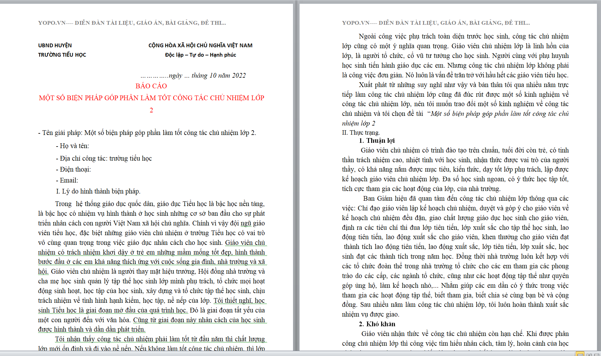 WORD BÁO CÁO MỘT SỐ BIỆN PHÁP GÓP PHẦN LÀM TỐT CÔNG TÁC CHỦ NHIỆM LỚP 2 NĂM 2022