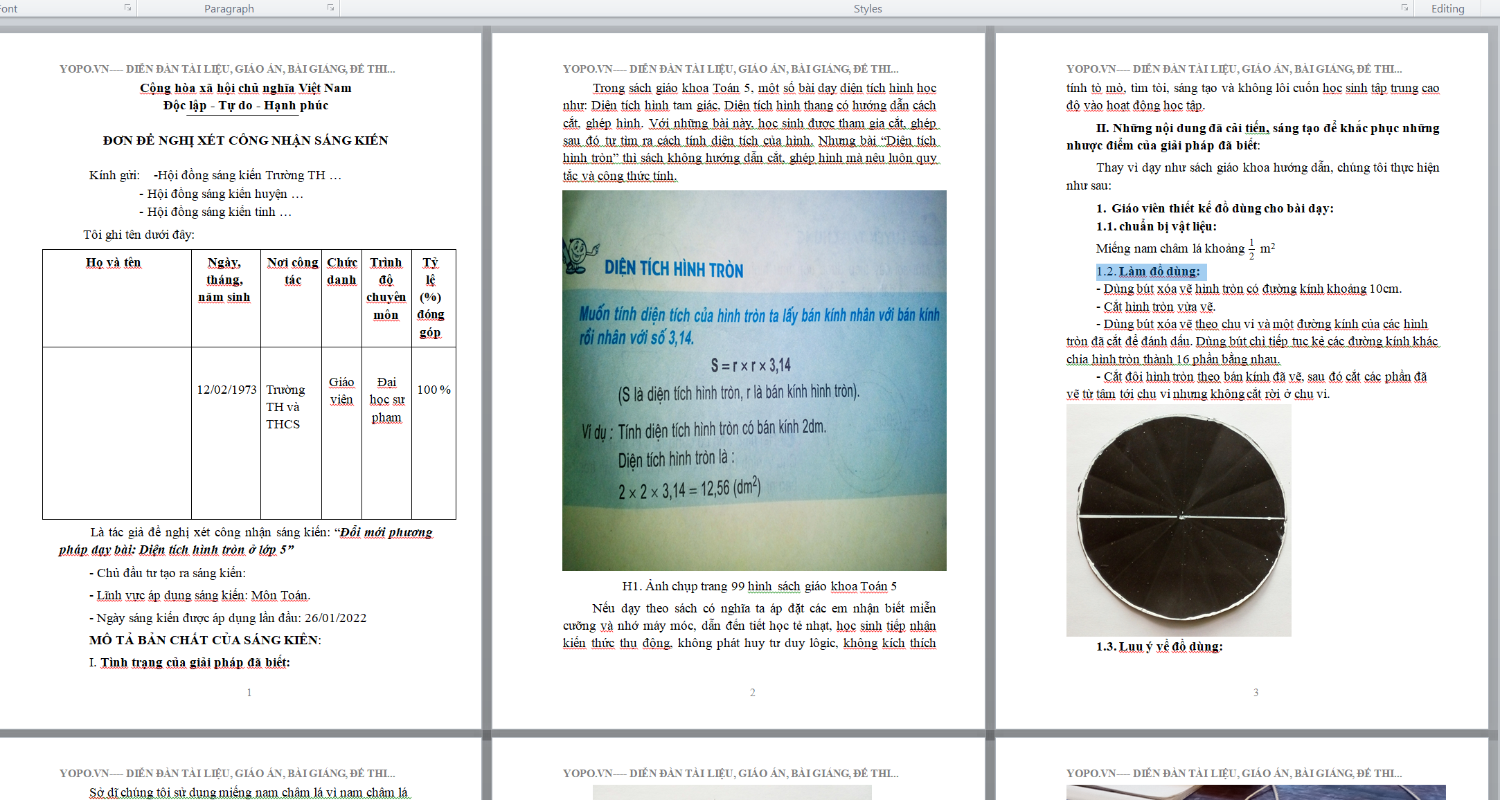 WORD sáng kiến: “Đổi mới phương pháp dạy bài: Diện tích hình tròn ở lớp 5” NĂM 2022