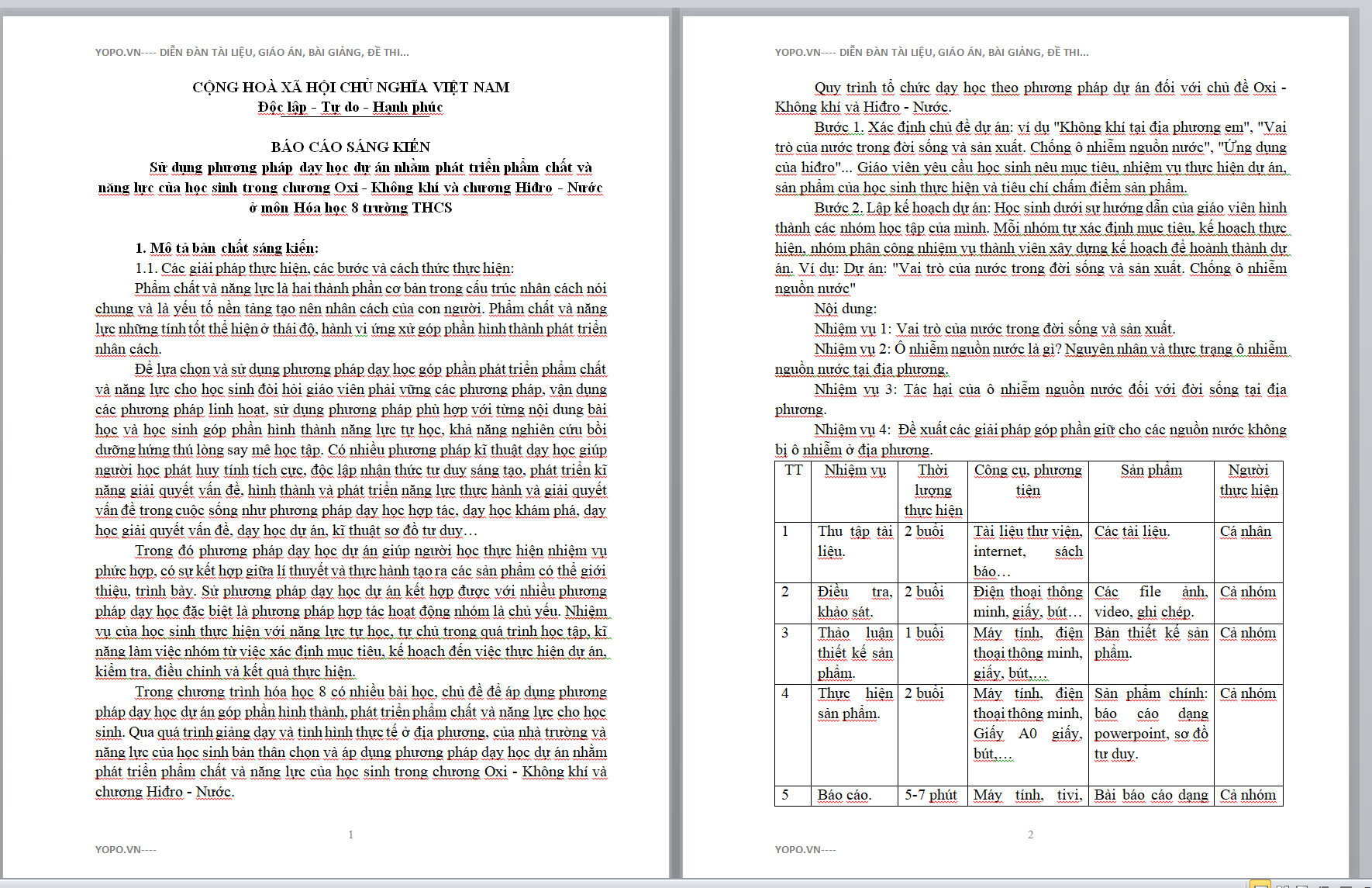 WORD Sử dụng phương pháp dạy học dự án nhằm phát triển phẩm chất và năng lực của học sinh trong chương Oxi-Không khí và chương Hiđro-Nước ở môn Hóa 8