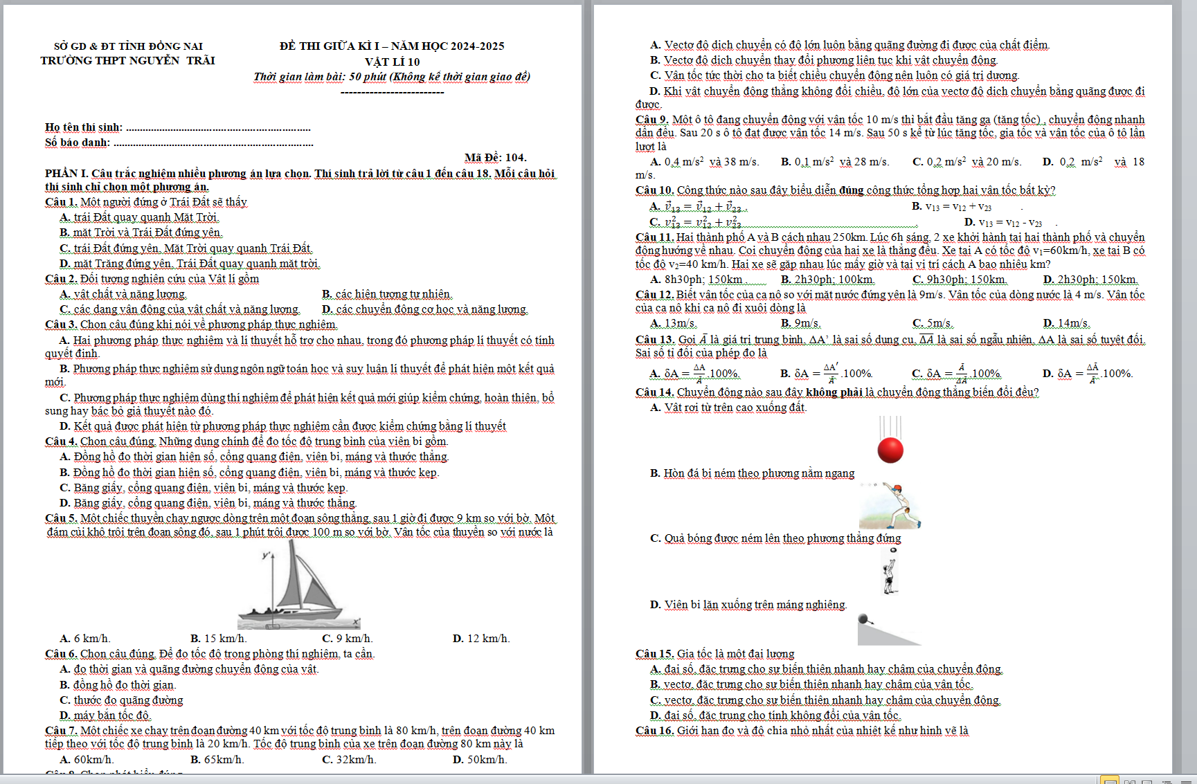 4 ĐỀ THI GIỮA KÌ I VẬT LÍ 10 có đáp án NĂM HỌC 2024-2025 TRƯỜNG THPT NGUYỄN TRÃI, SỞ GD & ĐT TỈNH ĐỒNG NAI