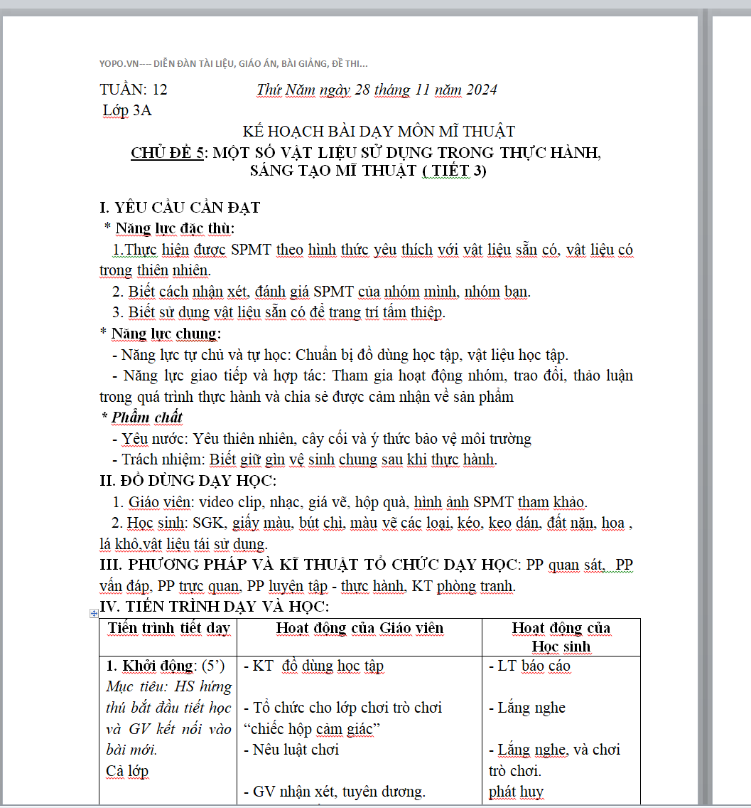 KẾ HOẠCH BÀI DẠY MÔN MĨ THUẬT 3 CHỦ ĐỀ 5: MỘT SỐ VẬT LIỆU SỬ DỤNG TRONG THỰC HÀNH, SÁNG TẠO MĨ THUẬT ( TIẾT 3) * THI GIÁO VIÊN GIỎI