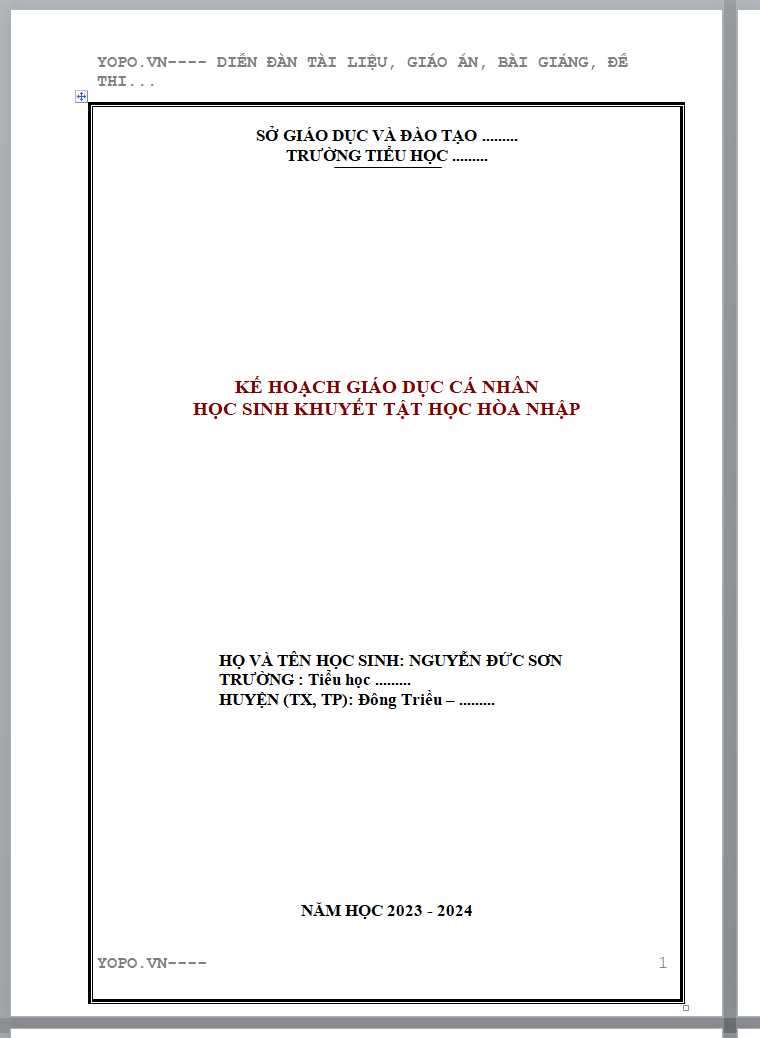 BỘ KẾ HOẠCH GIÁO DỤC CÁ NHÂN HỌC SINH KHUYẾT TẬT HỌC HÒA NHẬP TIỂU HỌC NĂM 2024