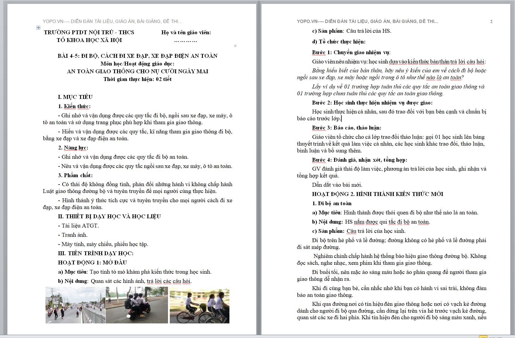 WORD + PPPT GIÁO ÁN BÀI 4-5: ĐI BỘ, CÁCH ĐI XE ĐẠP, XE ĐẠP ĐIỆN AN TOÀN Môn: AN TOÀN GIAO THÔNG CHO NỤ CƯỜI NGÀY MAI KHỐI THCS (DỰ GIỜ)