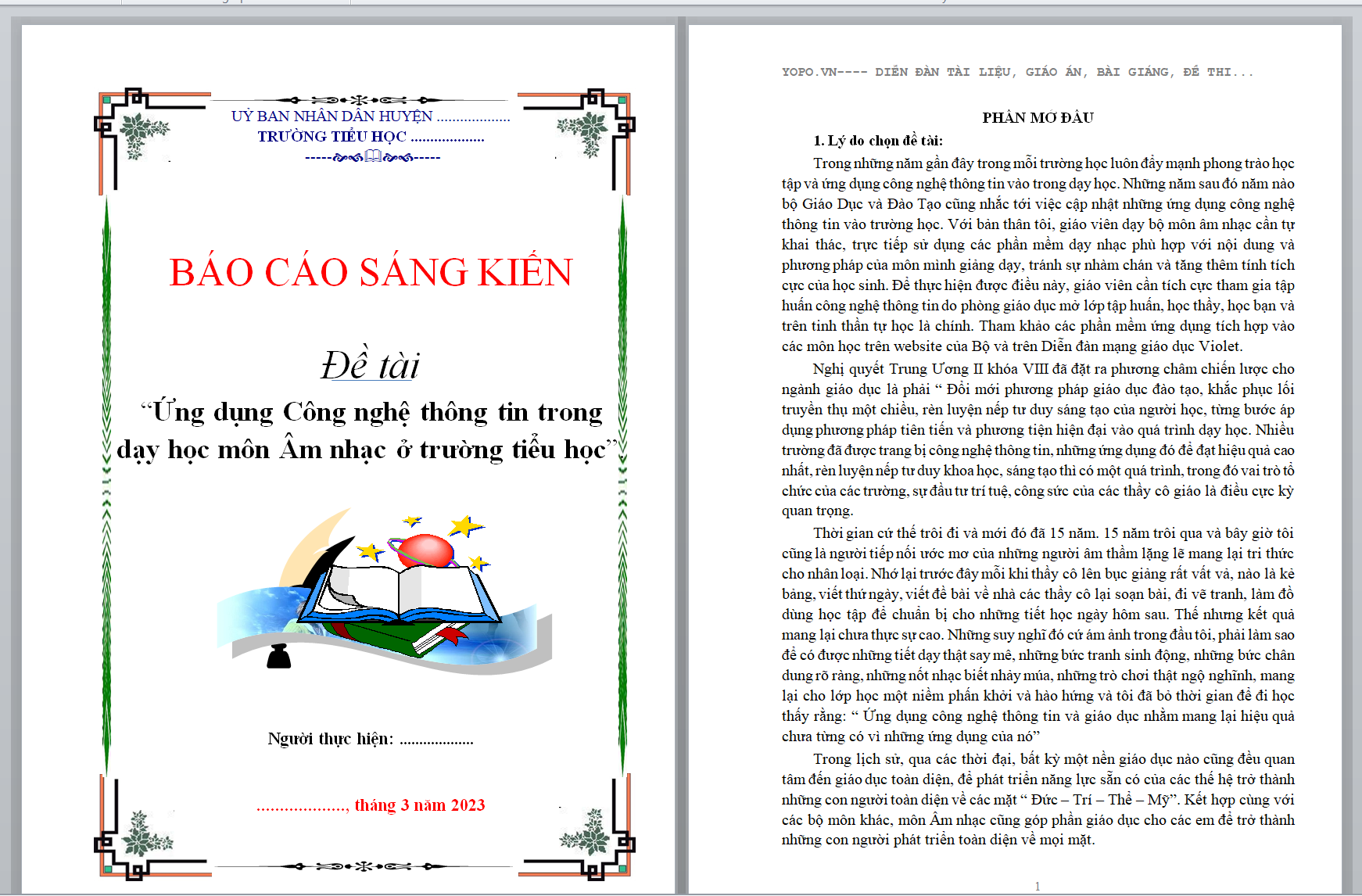 WORD BÁO CÁO SÁNG KIẾN “Ứng dụng Công nghệ thông tin trong dạy học môn Âm nhạc ở trường tiểu học”.