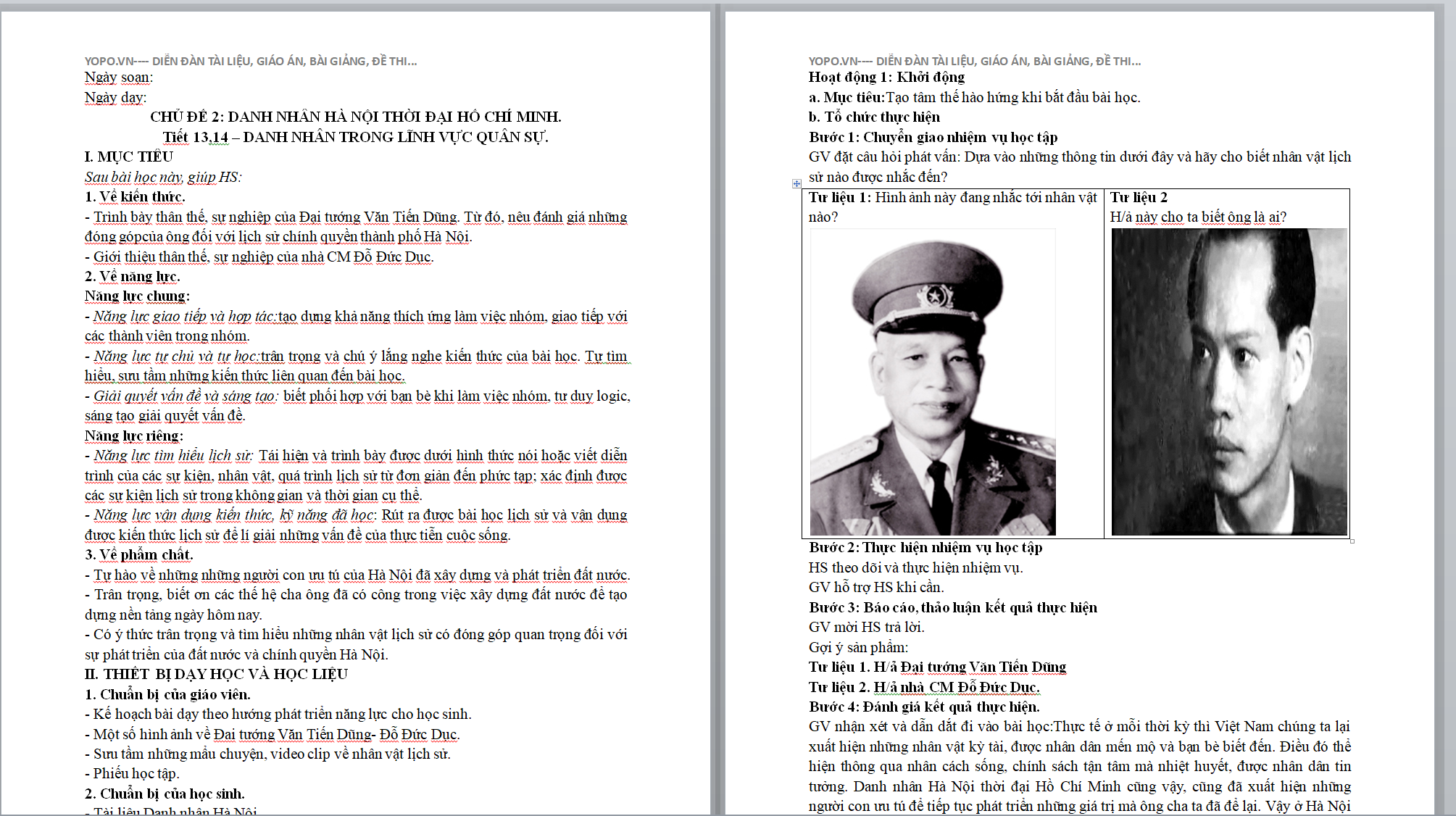 WORD GIÁO ÁN GDDP 9 HÀ NỘI CHỦ ĐỀ 2: DANH NHÂN HÀ NỘI THỜI ĐẠI HỒ CHÍ MINH. Tiết 13,14 – DANH NHÂN TRONG LĨNH VỰC QUÂN SỰ.