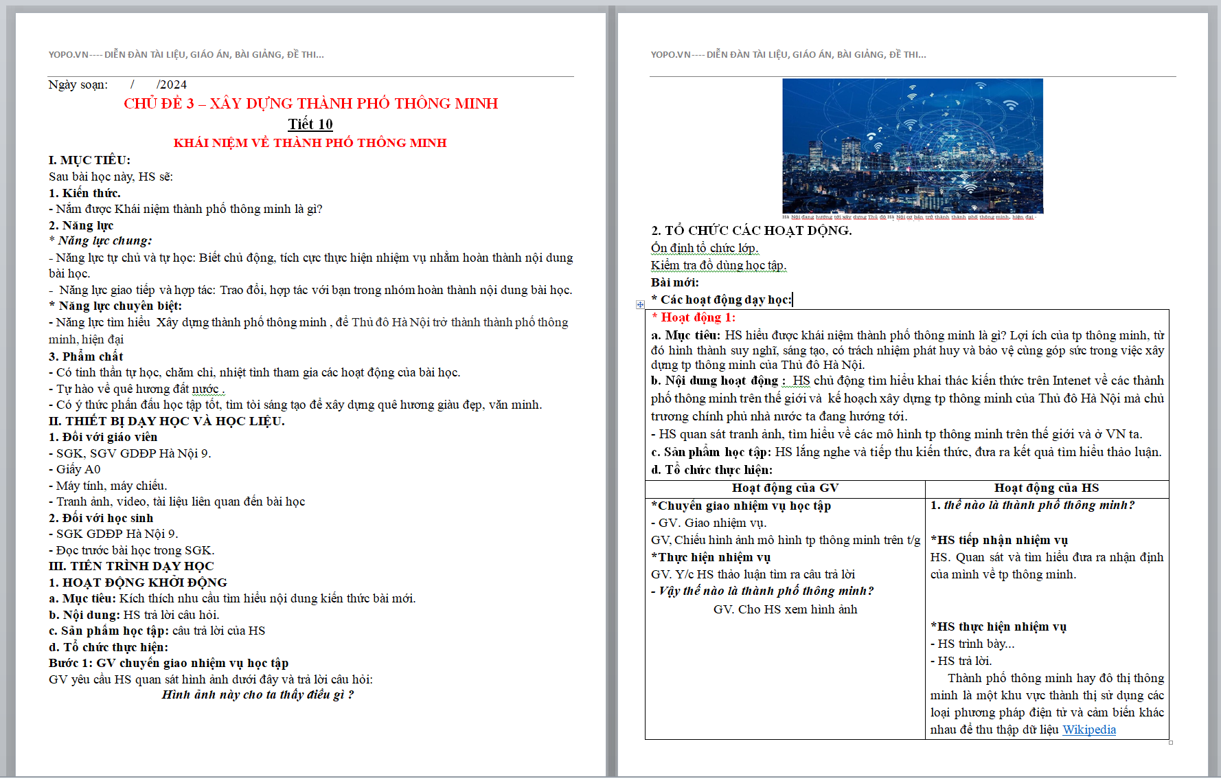 WORD GIÁO ÁN GDDP LỚP 9 HÀ NỘI CHỦ ĐỀ 3 – XÂY DỰNG THÀNH PHỐ THÔNG MINH Tiết 10 KHÁI NIỆM VỀ THÀNH PHỐ THÔNG MINH