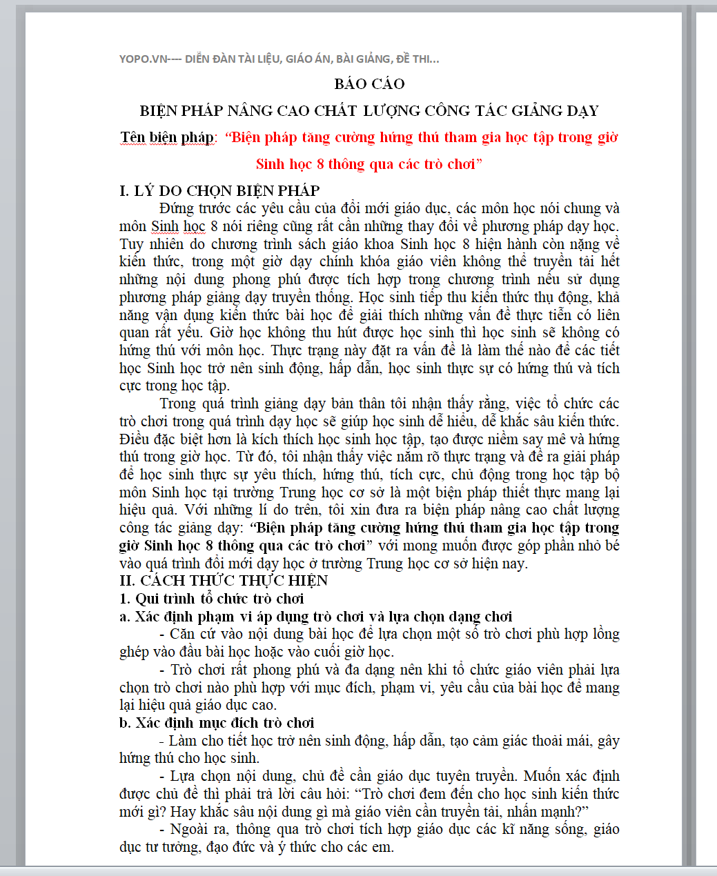 WORD “Biện pháp tăng cường hứng thú tham gia học tập trong giờ Sinh học 8 thông qua các trò chơi” NĂM 2024