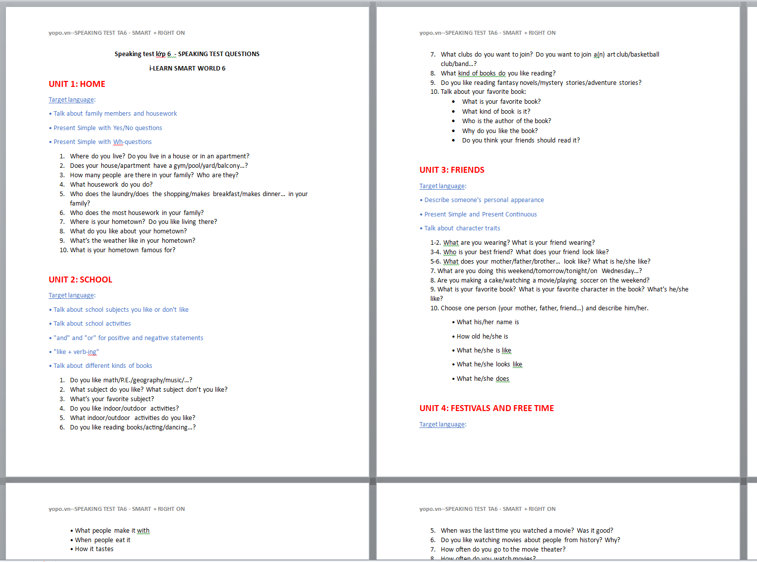 TÀI LIỆU Speaking test lớp 6 - SPEAKING TEST QUESTIONS i-LEARN SMART WORLD 6 (PEAKING TEST TA6 - SMART + RIGHT ON) NĂM 2024-2025