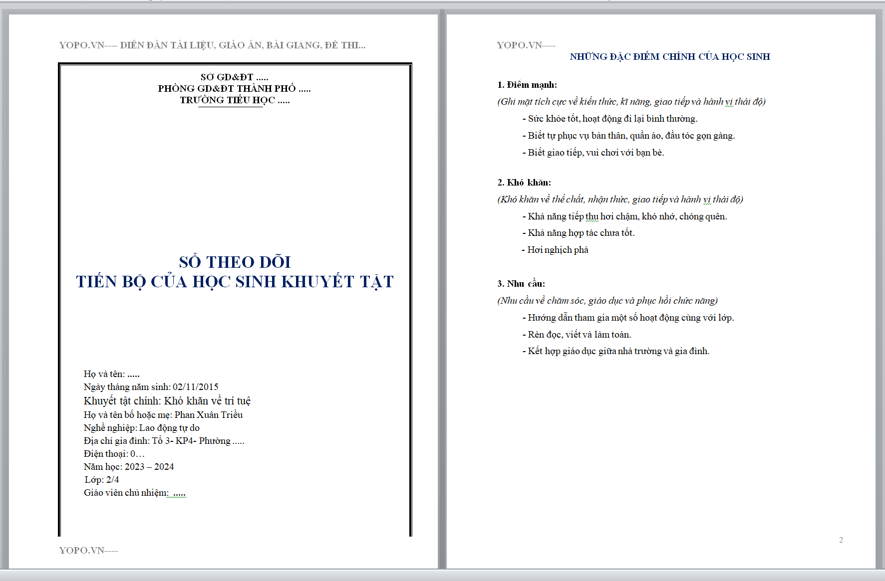 Sổ theo dõi tiến bộ của học sinh khuyết tật lớp 2 NĂM 2025 * FORM CHUẨN