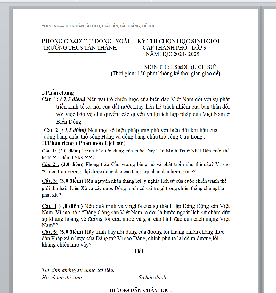 Đề thi học sinh giỏi môn lịch sử lớp 9 cấp thành phố có đáp án năm 2024-2025 TRƯỜNG THCS TÂN THÀNH, PHÒNG GD&ĐT TP ĐỒNG XOÀI