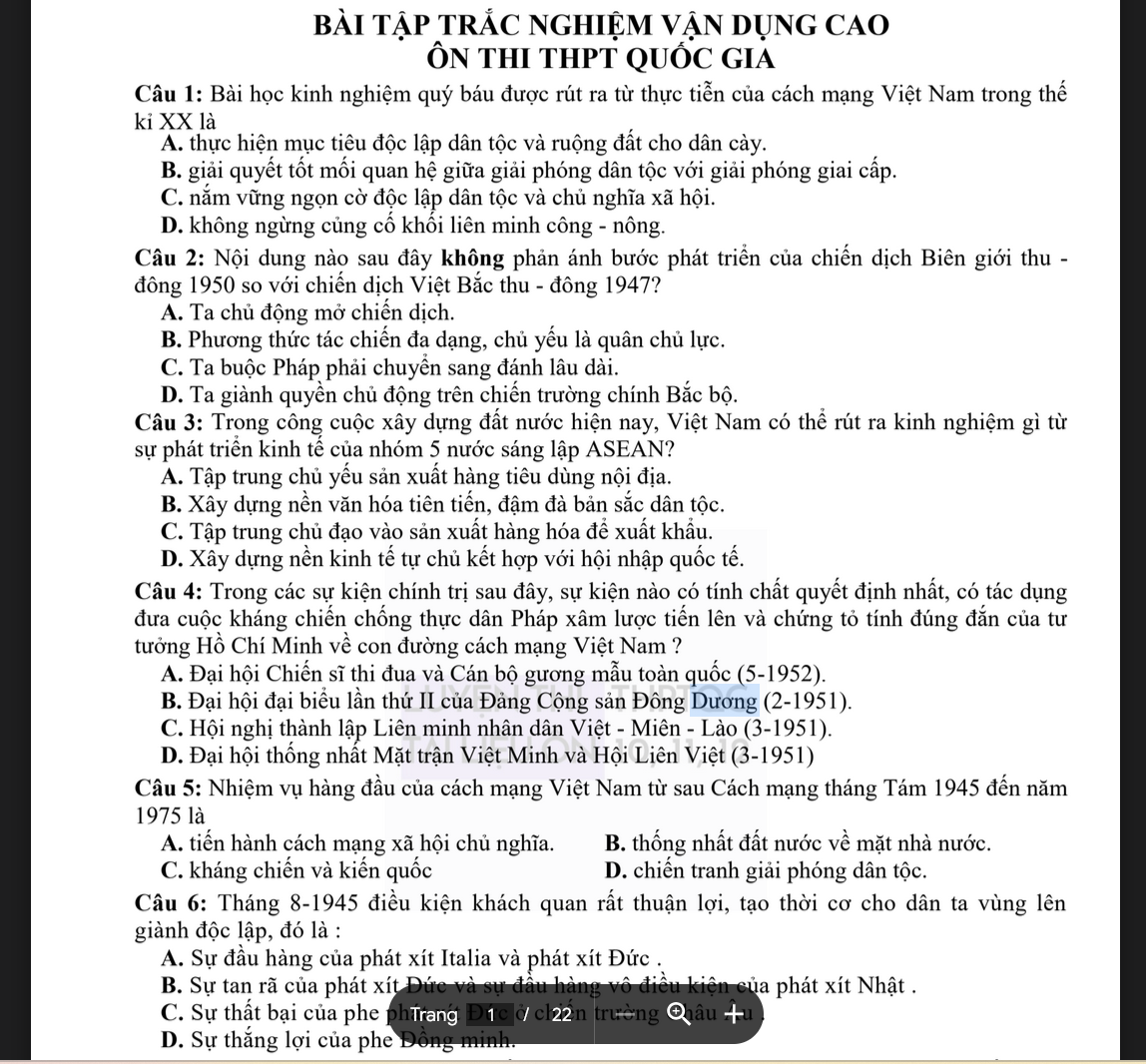 TÀI LIỆU BÀI TẬP TRẮC NGHIỆM VẬN DỤNG CAO MÔN LỊCH SỬ ÔN THI THPT QUỐC GIA LINK DRIVE