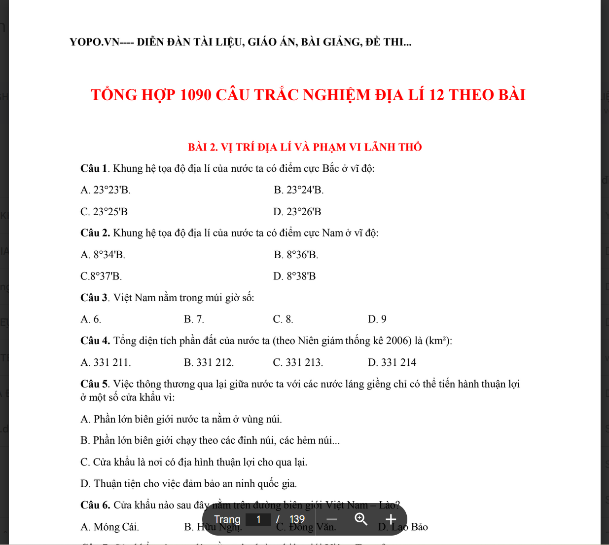 TÀI LIỆU TỔNG HỢP 1090 CÂU TRẮC NGHIỆM ĐỊA LÍ 12 THEO BÀI CÓ ĐÁP ÁN * LINK DRIVE