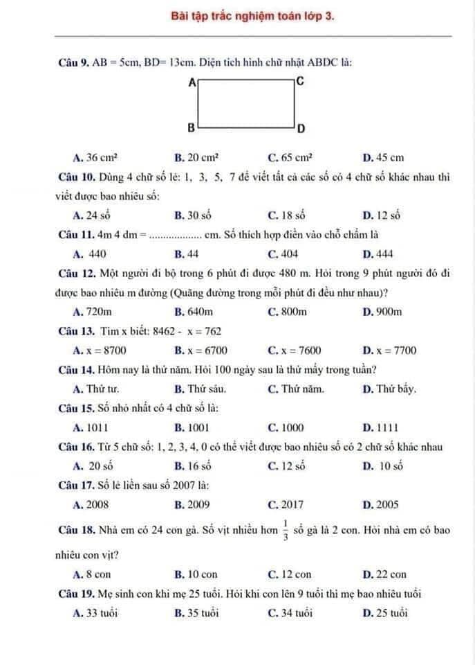 BỘ Bài tập trắc nghiệm toán lớp 3 có đáp án CẢ NĂM link drive