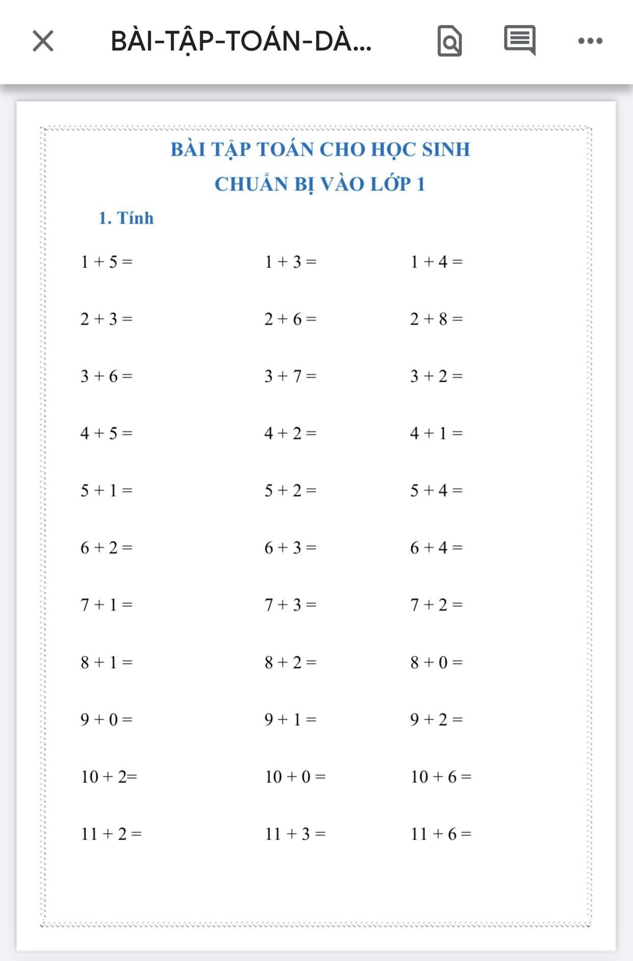 TÀI LIỆU Bài tập toán cho bé chuẩn bị vào lớp 1 PDF CÓ ĐÁP ÁN LINK DRIVE
