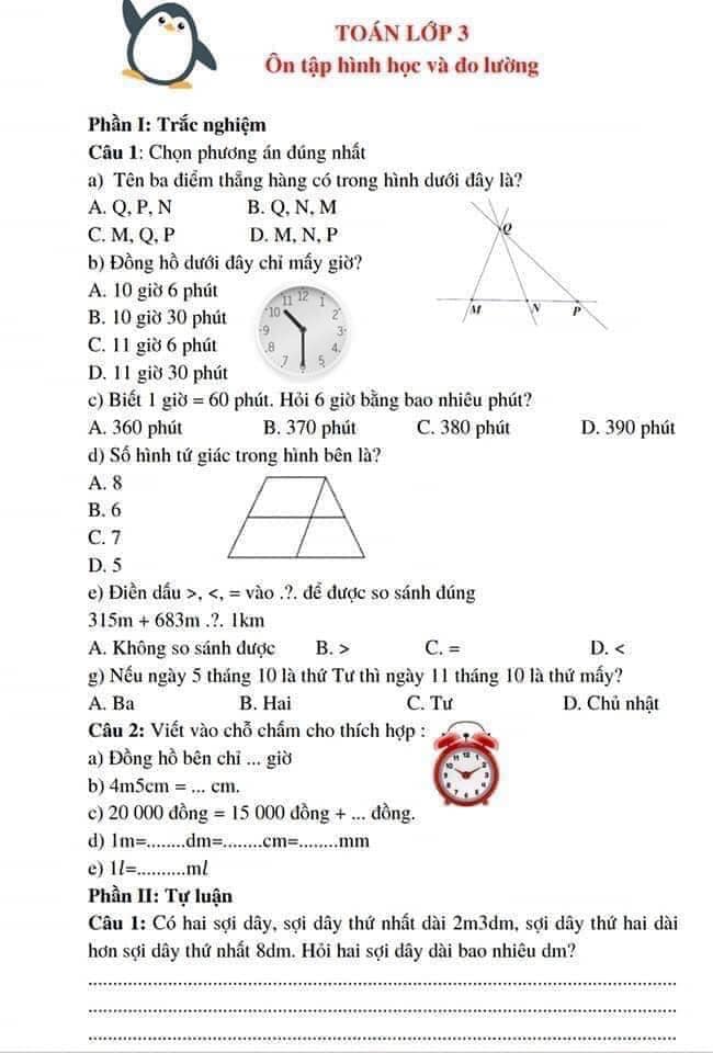Bài tập ôn tập cuối năm môn toán lớp 3: Ôn tập hình học và đo lường LINK DRIVE