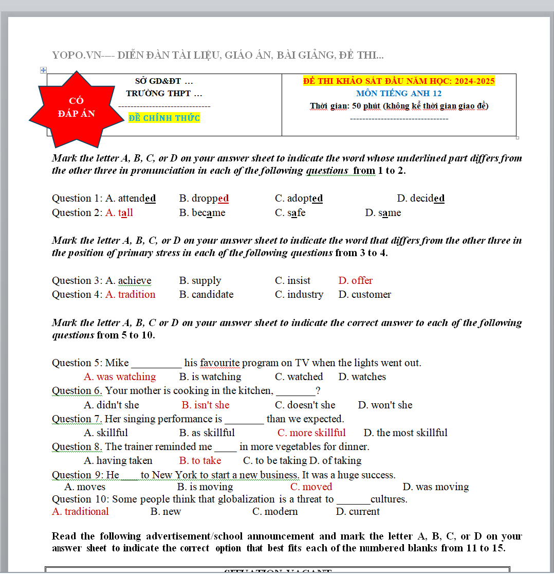 Đề thi khảo sát tiếng anh lớp 12 CÓ ĐÁP ÁN NĂM 2024-2025